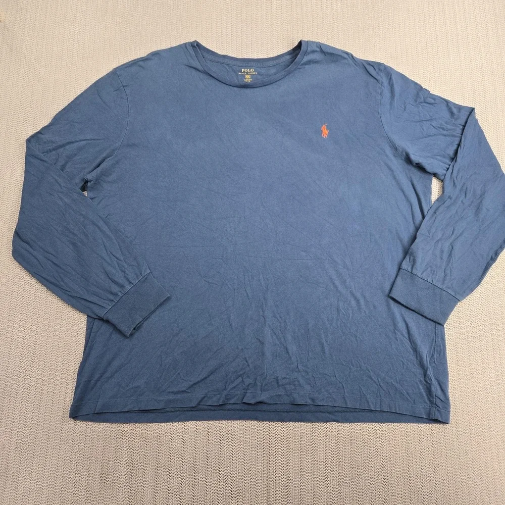 Polo Ralph Lauren Shirt Mens 2XL Blue Long Sleeve Crewneck Orange Pony Logo
